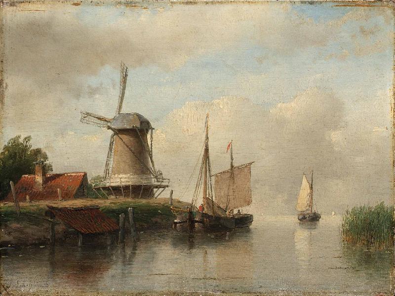 Andreas Schelfhout Dutch boats moored on a river beside a windmill Spain oil painting art
